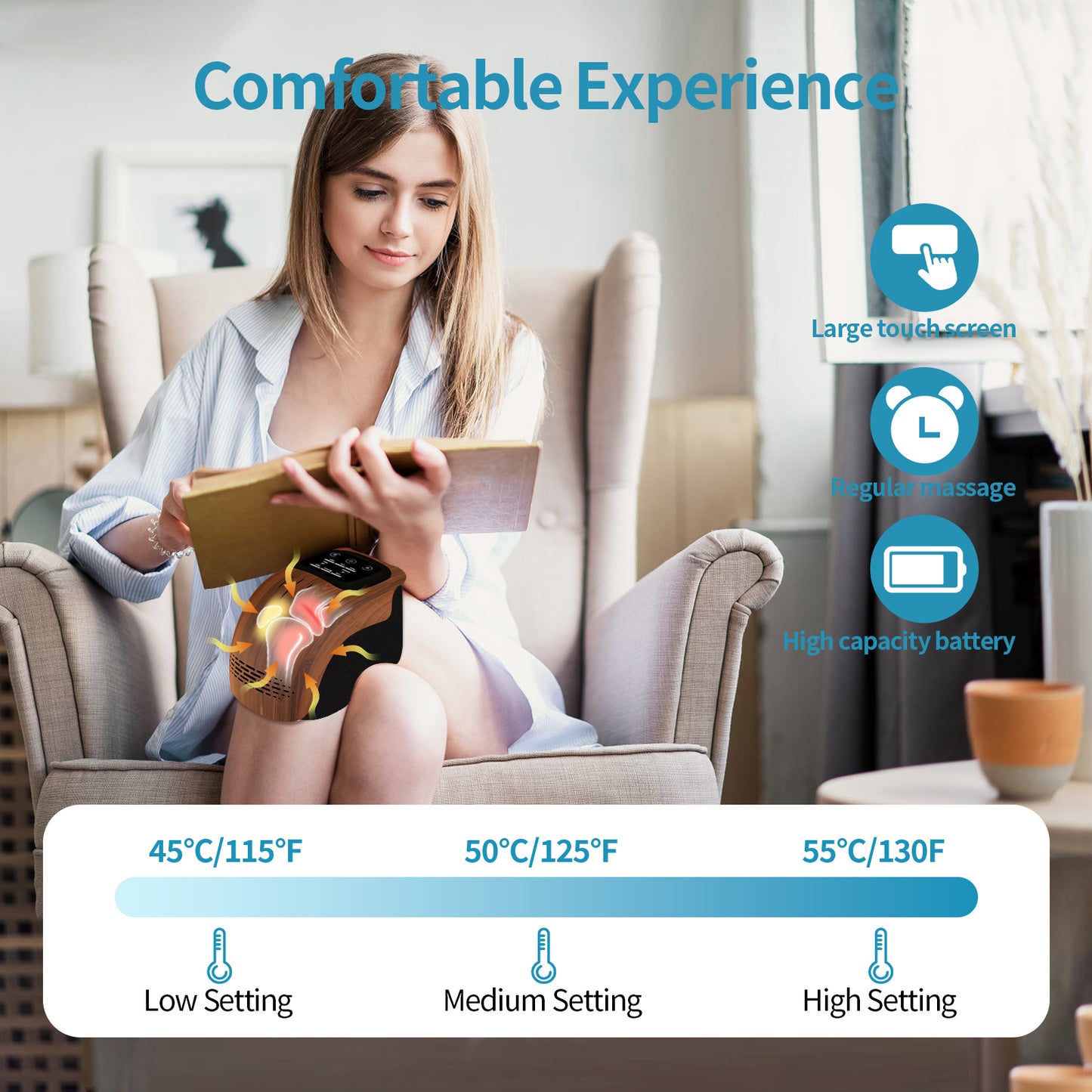 جهاز تدليك الركبة الذكي للاستخدام المنزلي، يعمل بالكهرباء، مزود بخاصية العجن والتدفئة، قابل لإعادة الشحن، لتخفيف الألم، يعمل بالأشعة تحت الحمراء والليزر والاهتزاز. 